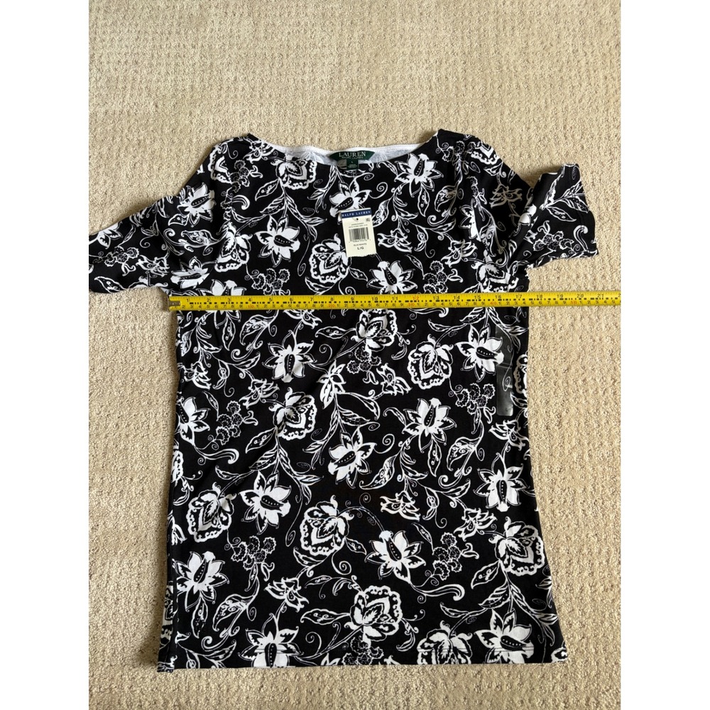 Lauren Ralph Lauren Womens Black White Floral Paisley Boat Neck Top NWT Size L